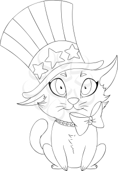 A Vector illustration coloring page of a kitten wearing a hat and bow designed as the American flag for the 4th of July.