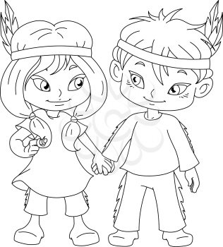Vector illustration coloring page of children dressed as Indians and holding hands for Thanksgiving or Halloween.