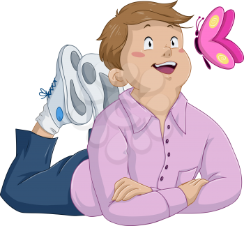 Vector illustration of an innocent boy laying and looking at butterfly.