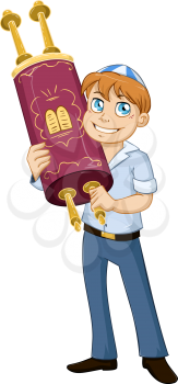Vector illustration of a jewish boy holds the torah for bar mitzvah