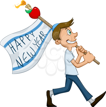 Vector illustration of jewish guy holds happy new year flag for rosh hashana