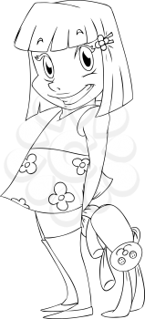 A Vector illustration coloring page of a little girl holding a rabbit doll behind her back and smiling.