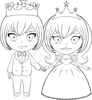 Vector illustration coloring page of a prince and princess holding hands and smiling.