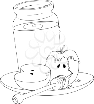 A Vector Illustration coloring page of a honey jar and sliced apple covered with honey and wooden stick on a plate for the Jewish New Year’s.