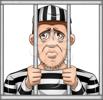 A vector illustration of a sad prisoner locked in jail behind bars.