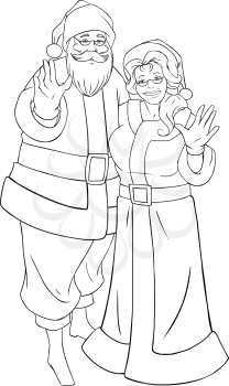 Vector illustration coloring page of Santa and Mrs Claus standing hugged and waving their hands for Christmas.