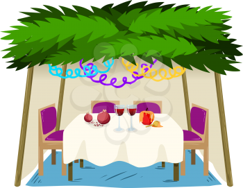 Vector illustration of Sukkah with ornaments table with food for the Jewish Holiday Sukkot.