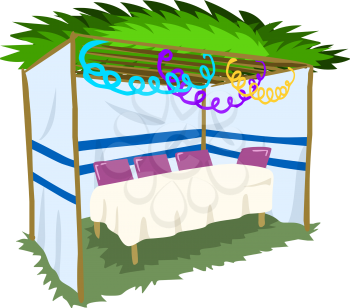 Vector illustration of Sukkah with ornaments and table for the Jewish Holiday Sukkot.