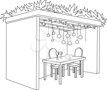 A Vector illustration coloring page of a Sukkah decorated with ornaments and a table with glasses of wine and fruits for the Jewish Holiday Sukkot.