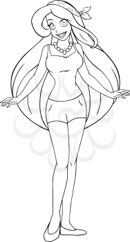 Vector illustration coloring page of a teenage girl in tanktop and shorts.