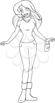 Vector illustration coloring page of a teenage girl in tshirt and long pants.