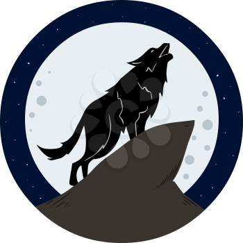 Vector illustration of a wolf howling to the moon at night.