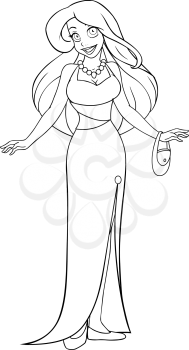 Vector illustration coloring page of a woman in an evening dress.