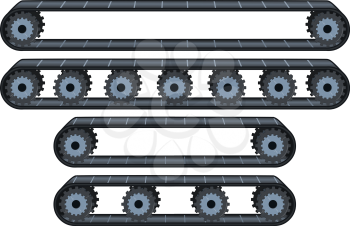 Vector illustration pack of four types of conveyor belt tracks with wheels.
