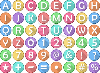 Vector illustration set of alphabet numbers symbols round flat icons.