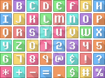 Vector illustration set of alphabet numbers symbols square flat icons in retro style.