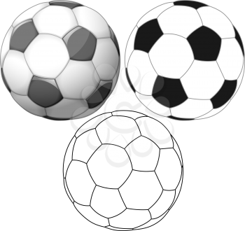Vector illustration set of soccer ball colored black and white and outline.