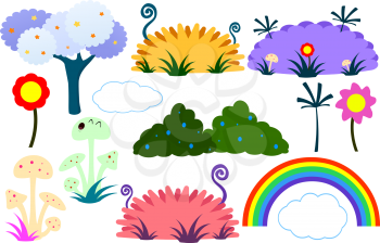 Vector illustration pack of various plants flowers tree and rainbow in flat colorful cute style.