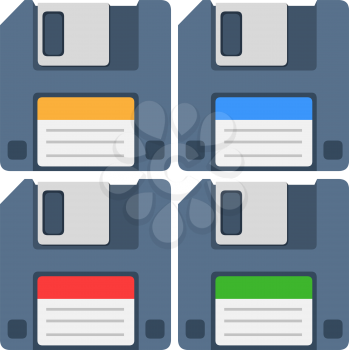 A vector illustration of an old computer floppy disk and colorful labels yellow blue red and green.