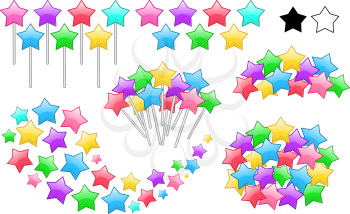 Vector illustration set of colorful stars on stick in various forms.