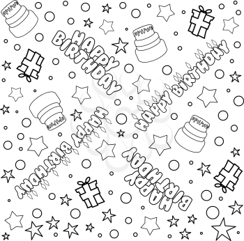 Vector illustration pattern of outline Happy Birthday text cake presents and stars.