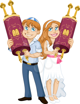 Vector illustration of Jewish boy and girl holding the Torah for Bar and Bat Mitzvah.