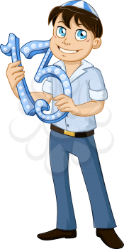 Vector illustration of a Jewish boy holds the number 13 for Bar Mitzvah.