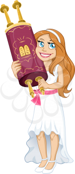 Vector illustration of a Jewish girl holds the Torah for Bat Mitzvah.