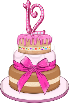Vector illustration of 3 floors pink cake with the number 12 on top for Bat Mitzvah.
