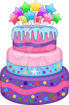 Vector illustration of 3 floors birthday cake with colorful stars on top.