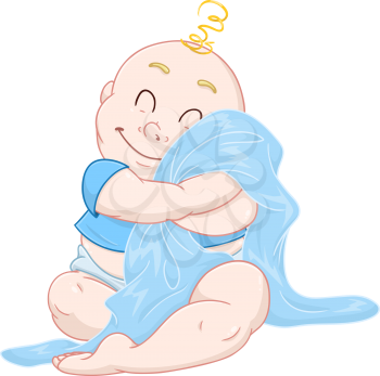 Vector illustration of a cute baby boy hugging a blue blanket.