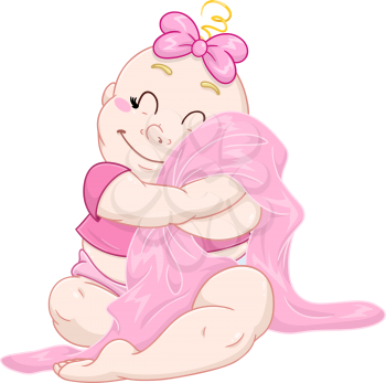 Vector illustration of a cute baby girl hugging a pink blanket.