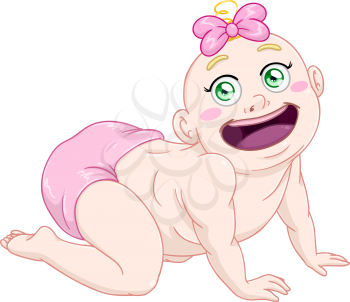 Vector illustration of a cute baby girl crawling and smiling.