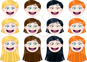 Vector illustration pack of cute girl heads.