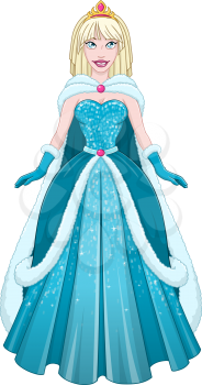 Vector illustration of a snow princess queen in blue dress and cloak.