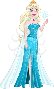 Vector illustration of a snow princess queen in blue dress holding a snowflake.