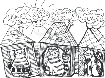 hand drawn, cartoon, sketch illustration of funny cats