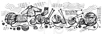hand drawn, cartoon, sketch illustration of knitting wool threads