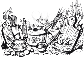 hand drawn, cartoon, sketch illustration of cookery