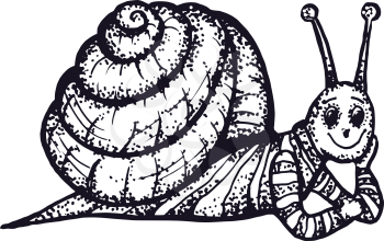 hand drawn, cartoon, sketch illustration of snail