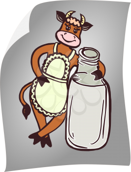 hand drawn, cartoon, sketch illustration of cow and milk