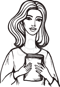 hand drawn, sketch, cartoon illustration of girl with book