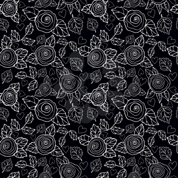 Vector seamless pattern with hand drawn background bright decorative flowers and leaves on a black background