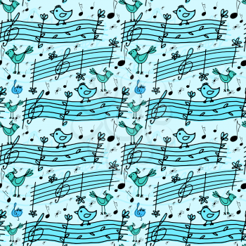 Vector graphic, artistic, stylized image of seamless pattern with musical notes and birdsong