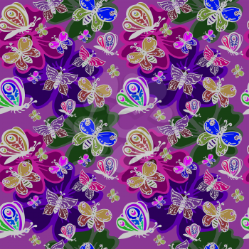 Vector graphic, artistic, stylized image of seamless pattern with decorative butterflies on flowers