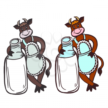 Vector graphic, artistic, stylized image of cow and milk bottle