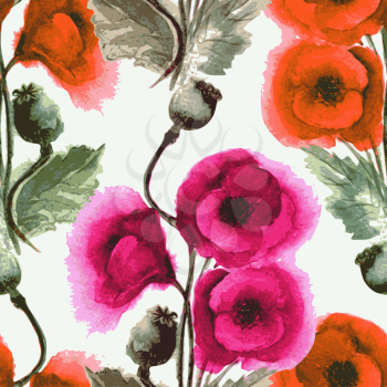 Vector graphic, artistic, stylized image of seamless pattern watercolor poppies