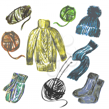 set of vector illustrations of knitted things and skeins of thread