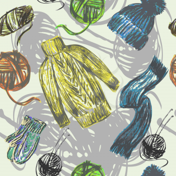 Vector graphic, artistic, stylized image of seamless pattern knitted things and skeins of thread
