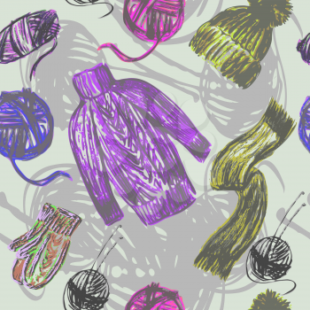 Vector graphic, artistic, stylized image of seamless pattern knitted things and skeins of thread